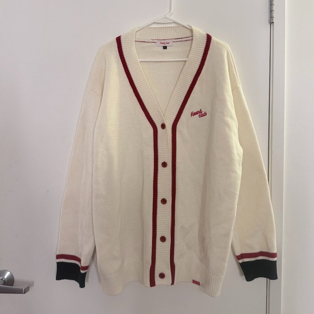 Mixxmix HEART CLUB Embroidered Logo Contrast Strips Knit Cardigan and Skirt Set